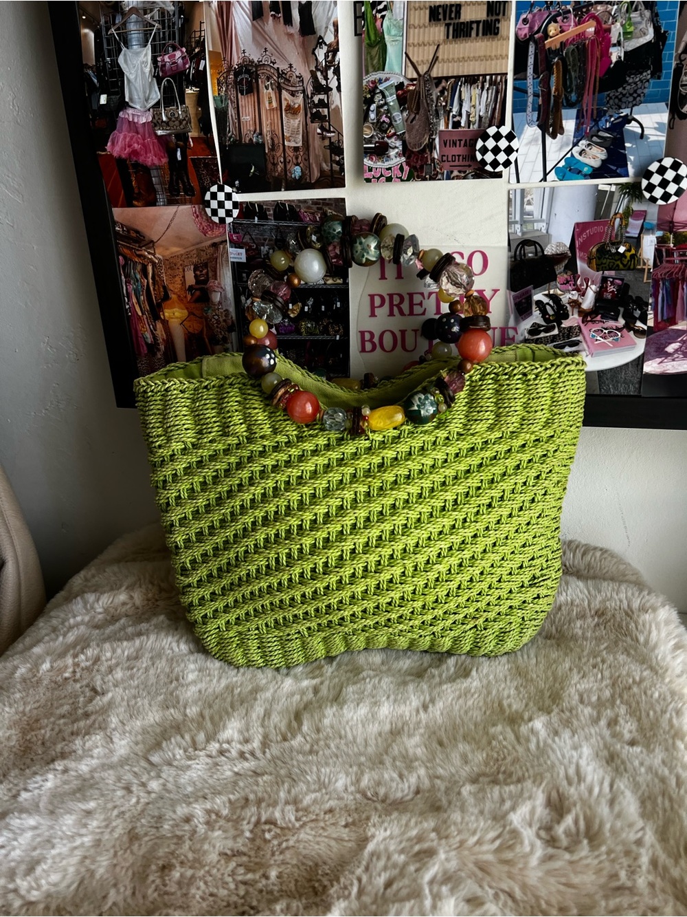Capelli of New York Lime Green Woven Tote with Multicolor Beaded Handles